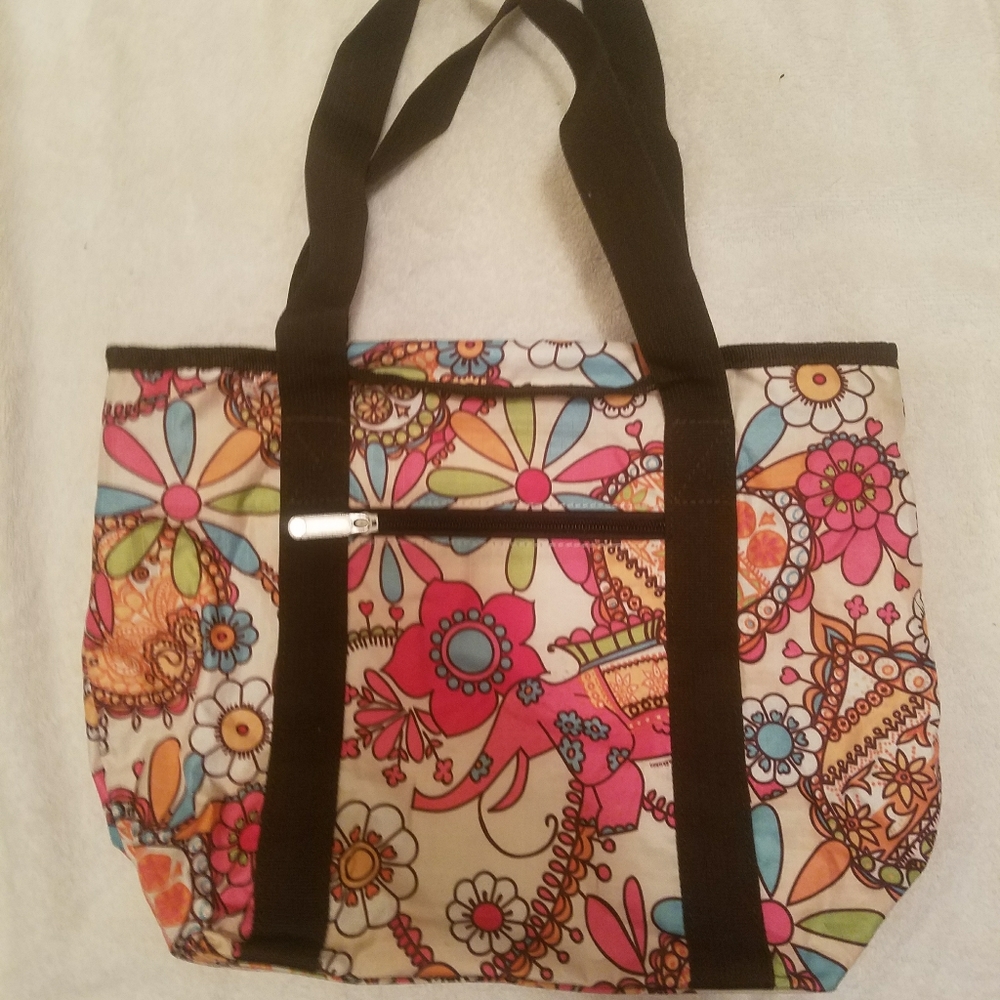 Tan tote bag with colorful floral/elephant print
